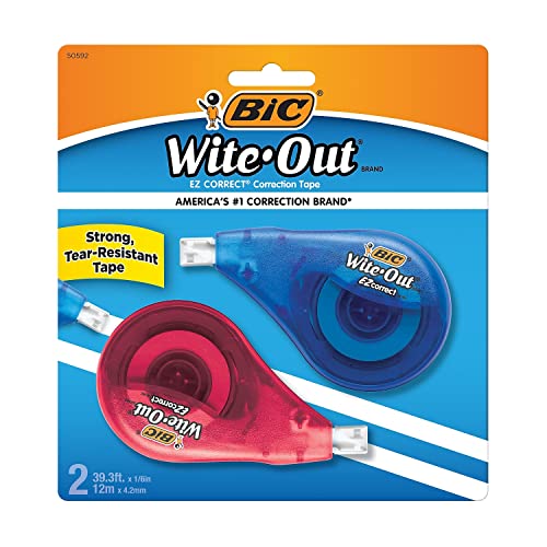 BIC Wite-Out Brand EZ Correct Correction Tape, 39.3 Feet, 2-Count Pack of white Correction Tape, Fast, Clean and Easy to Use Tear-Resistant Tape Office or School Supplies-UPStoxs