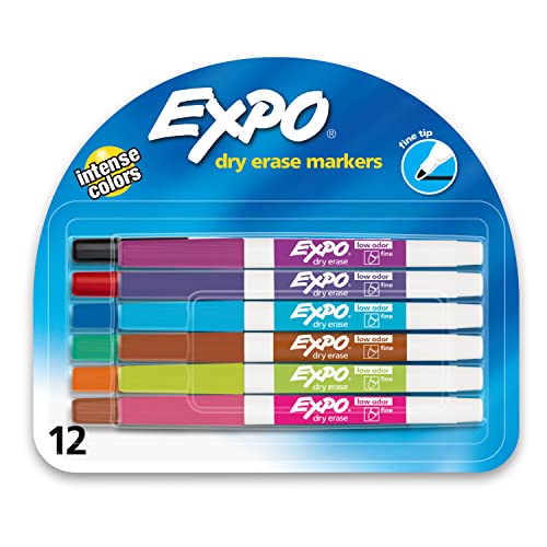 EXPO Low Odor Dry Erase Markers, Fine Tip, Assorted Colors, 12 Count-UPStoxs