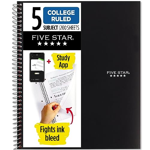 Five Star Spiral Notebook + Study App, 5 Subject, College Ruled Paper, Fights Ink Bleed, Water Resistant Cover, 8-1/2" x 11", 200 Sheets, Black (72081)-UPStoxs