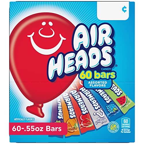 Airheads Candy Bars, Variety Bulk Box, Chewy Full Size Fruit Taffy, Gifts, Holiday, Parties, Concessions, Pantry, Non Melting, Party, 60 Individually Wrapped Full Size Bars-UPStoxs