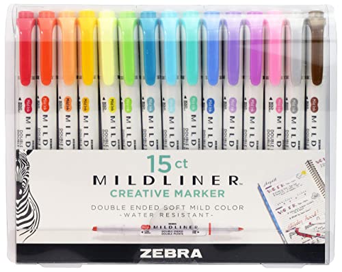 Zebra Pen Mildliner Double Ended Highlighter Set, Broad and Fine Point Tips, Assorted Ink Colors, 15-Pack-UPStoxs