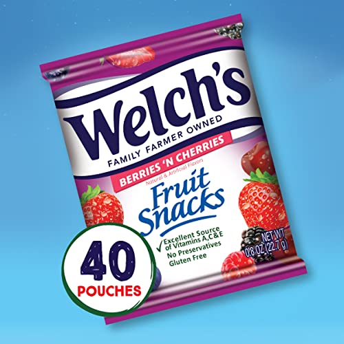 Welch's Fruit Snacks, Berries 'n Cherries, Perfect Halloween Candy Bulk Pack, Gluten Free, Individual Single Serve Bags, 0.8 oz (Pack of 40)-UPStoxs