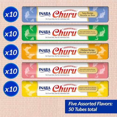 INABA Churu Cat Treats, Grain-Free, Lickable, Squeezable Creamy Purée Cat Treat/Topper with Vitamin E & Taurine, 0.5 Ounces Each Tube, 50 Tubes, Tuna & Chicken Variety-UPStoxs