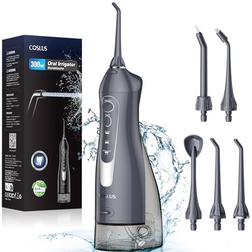 COSLUS Water Dental Flosser Teeth Pick: Portable Cordless Oral Irrigator 300ML Rechargeable Travel Irrigation Cleaner IPX7 Waterproof Electric Flossing Machine for Teeth Cleaning F5020E Grey-UPStoxs