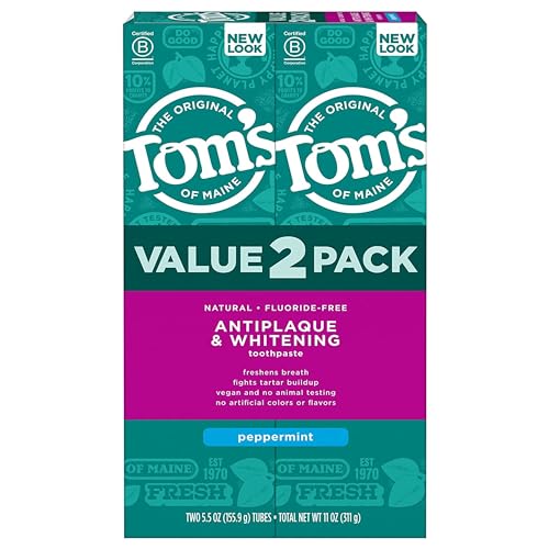 Tom's of Maine Fluoride-Free Antiplaque & Whitening Natural Toothpaste, Peppermint, 5.5 oz. (Pack of 2)-UPStoxs