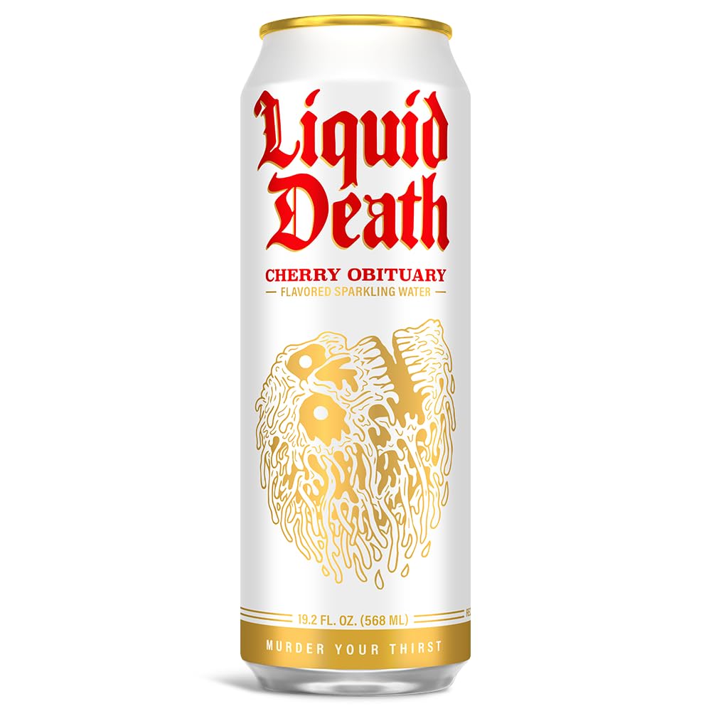 Liquid Death, Cherry Obituary Sparkling Water, 8-Pack (King Size 19.2oz Cans), Cherry Flavored Sparkling Beverage Sweetened With Real Agave, Low Calorie & Low Sugar-UPStoxs