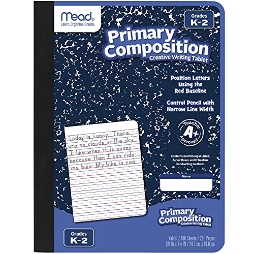 Mead Primary Composition Notebook, Wide Ruled Paper, Grades K-2 Writing Workbook, 9-3/4" x 7-1/2", 100 Sheets, Blue Marble (09902)-UPStoxs