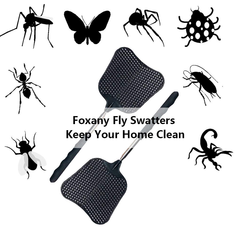 Foxany Telescopic Fly Swatters, Durable Plastic Fly Swatter Heavy Duty Set, Flyswatter with Stainless Steel Handle for Indoor/Outdoor/Classroom (2 Pack)-UPStoxs