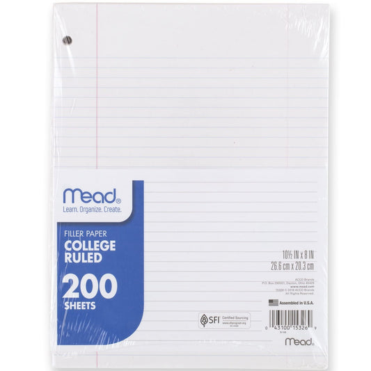 Mead Loose Leaf Paper, Notebook Paper, College Ruled Filler Paper, Standard, 8 x 10.5, 200 Sheets (15326), White-UPStoxs