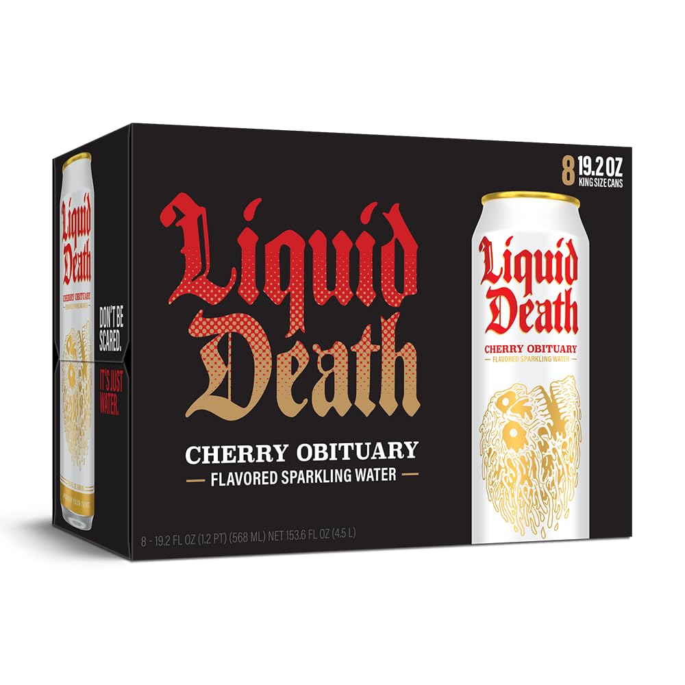 Liquid Death, Cherry Obituary Sparkling Water, 8-Pack (King Size 19.2oz Cans), Cherry Flavored Sparkling Beverage Sweetened With Real Agave, Low Calorie & Low Sugar-UPStoxs