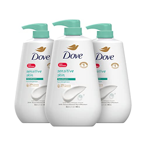 Dove Body Wash 3 Count with Pump Sensitive Skin Hypoallergenic, Paraben-Free, Sulfate-Free, Cruelty-Free, Moisturizing Skin Cleanser Effectively Washes Away Bacteria While Nourishing Skin 30.6 oz-UPStoxs