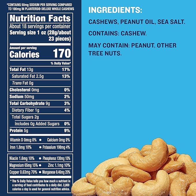 PLANTERS Deluxe Lightly Salted Whole Cashews, Party Snacks, Plant-Based Protein, Quick Snack for Adults, After School Snack, Roasted Cashew, Flavored with Sea Salt, Kosher, 1lb 2.25oz Canister-UPStoxs