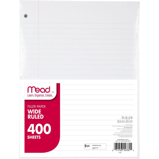 Mead Loose Leaf Paper, Filler Paper, Wide Ruled, 400 Sheets, 10-1/2" x 8", 3 Hole Punched, 1 Pack (150036-ECM)-UPStoxs