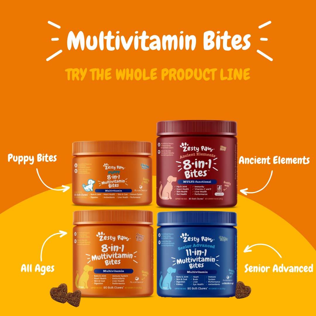 Zesty Paws Multivitamin Treats for Dogs - Glucosamine Chondroitin for Joint Support + Digestive Enzymes & Probiotics - Grain Free Vitamin for Skin & Coat + Immune Health - Peanut Butter Flavor - 90ct-UPStoxs