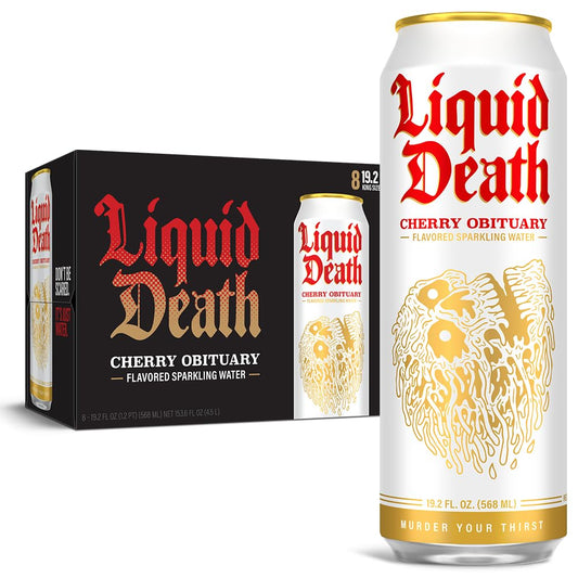 Liquid Death, Cherry Obituary Sparkling Water, 8-Pack (King Size 19.2oz Cans), Cherry Flavored Sparkling Beverage Sweetened With Real Agave, Low Calorie & Low Sugar-UPStoxs