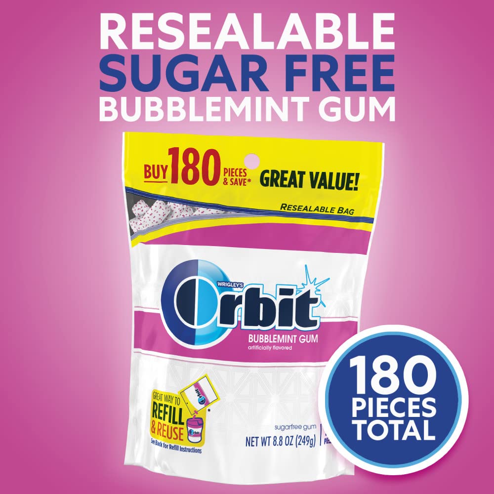 ORBIT Bubblemint Back To School Sugar Free Chewing Gum, 8.8 oz, 180 ct Resealable Bulk Gum Bag-UPStoxs