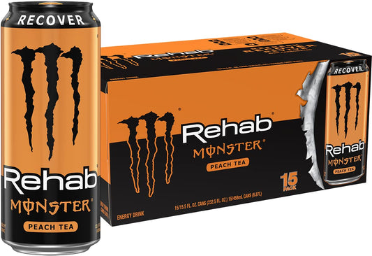 Monster Energy Rehab Peach Tea + Energy, Energy Iced Tea, Energy Drink, 15.5 Ounce (Pack of 15)-UPStoxs