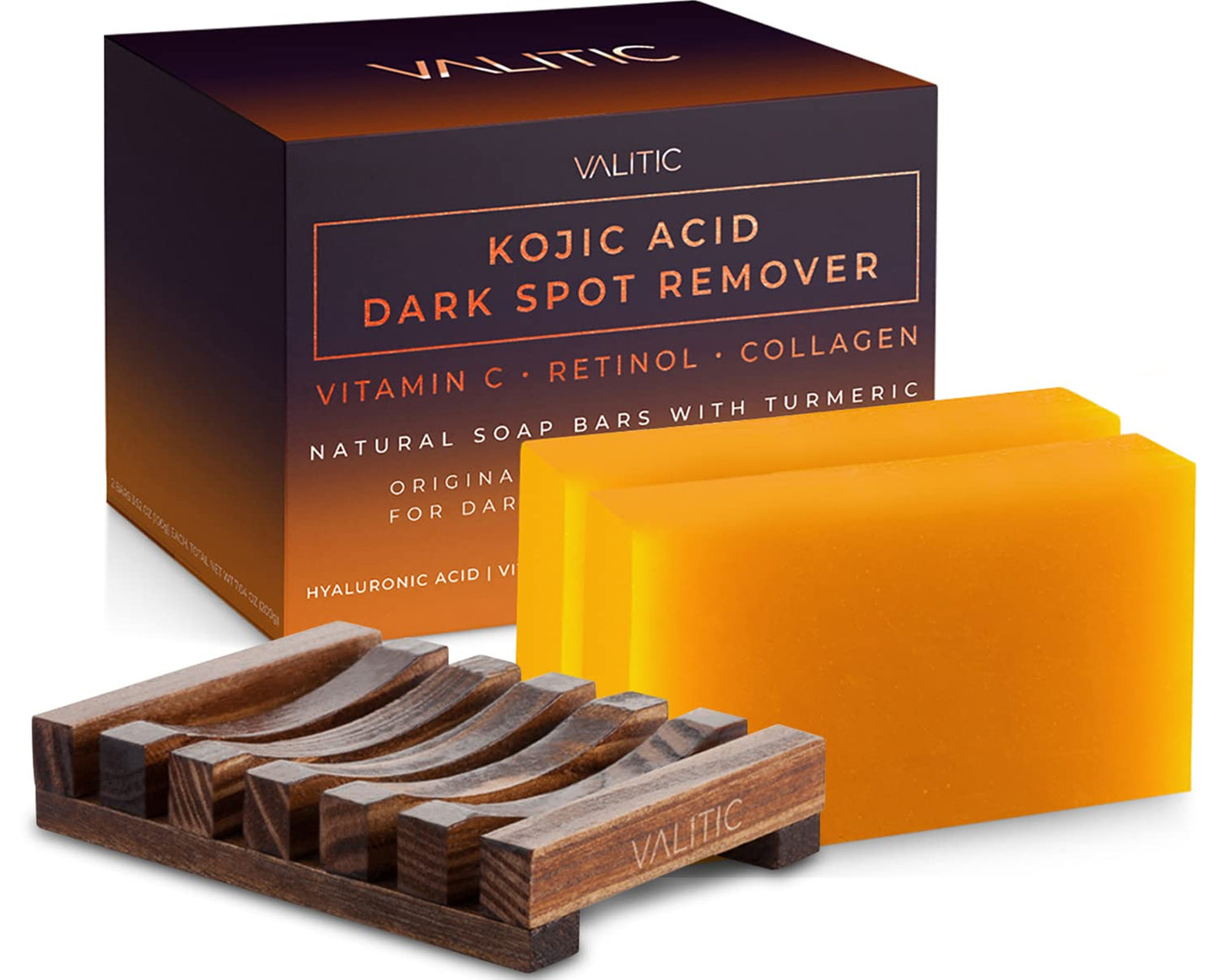 VALITIC Kojic Acid Dark Spot Remover Soap Bar with Vitamin C,Retinol,Collagen,Turmeric - Original Japanese Complex Hyaluronic Acid,E,Shea Butter,Castile Oil (2 Pack) With Holder,Pack of 3,3.5 ounces-UPStoxs