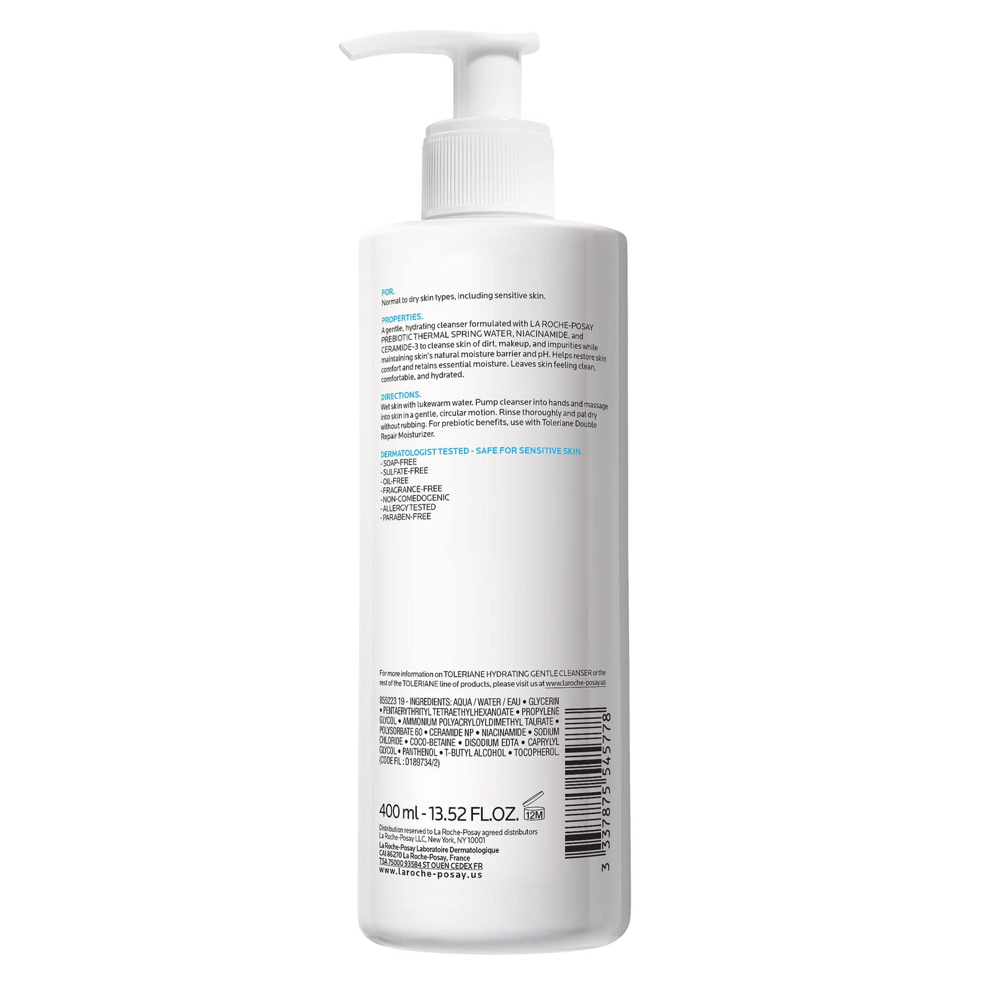 La Roche-Posay Toleriane Hydrating Gentle Face Cleanser, Daily Facial Cleanser with Niacinamide and Ceramides for Sensitive Skin, Moisturizing Face Wash for Normal to Dry Skin, Fragrance Free-UPStoxs