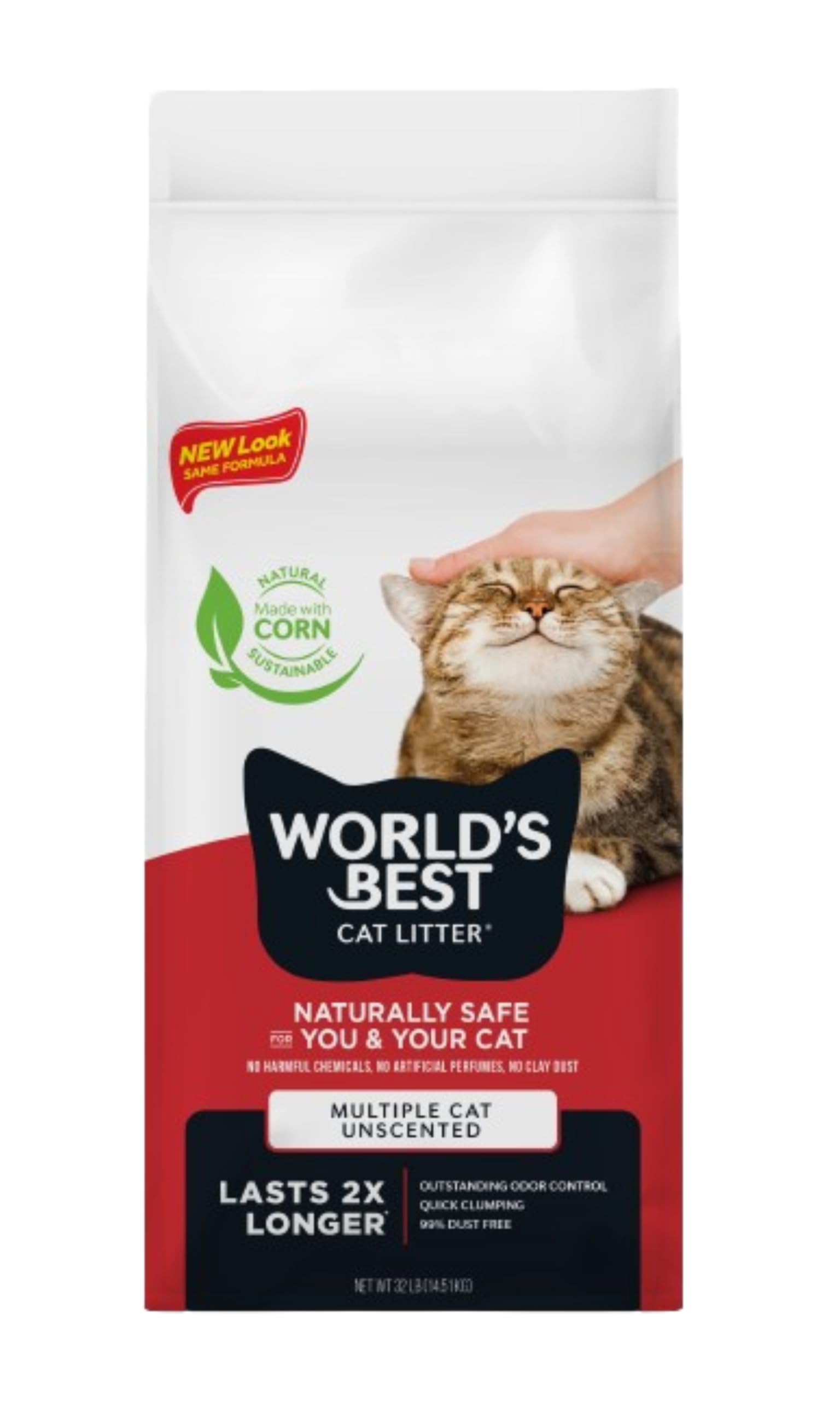 WORLD'S BEST CAT LITTER Multiple Cat Unscented, 32-Pounds - Natural Ingredients, Quick Clumping, Flushable, 99% Dust Free & Made in USA - Long-Lasting Odor Control & Easy Scooping-UPStoxs