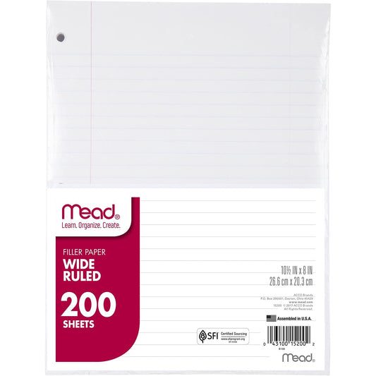 Mead Loose Leaf Paper, Notebook Paper, Wide Ruled Filler Paper, Standard, 8 x 10.5, 200 Sheets (15200) White-UPStoxs