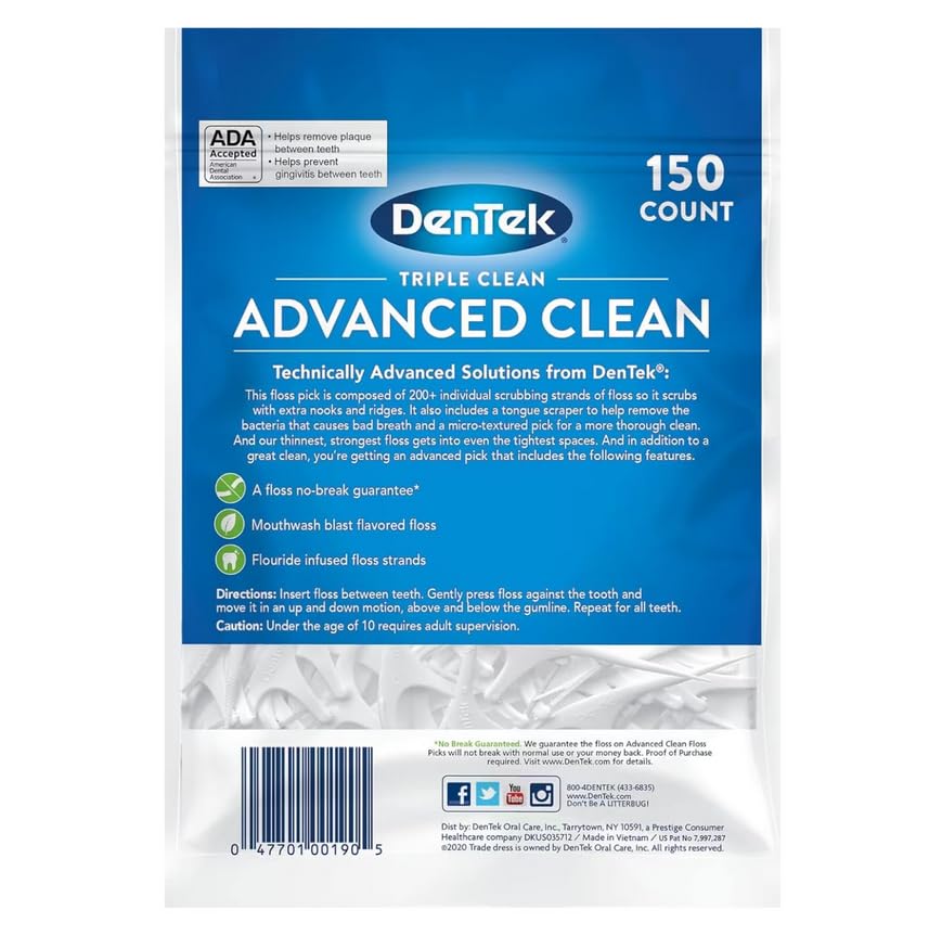 DenTek Triple Clean Advanced Clean Floss Picks, No Break & No Shred Floss, 150 Count, (Packaging May Vary)-UPStoxs