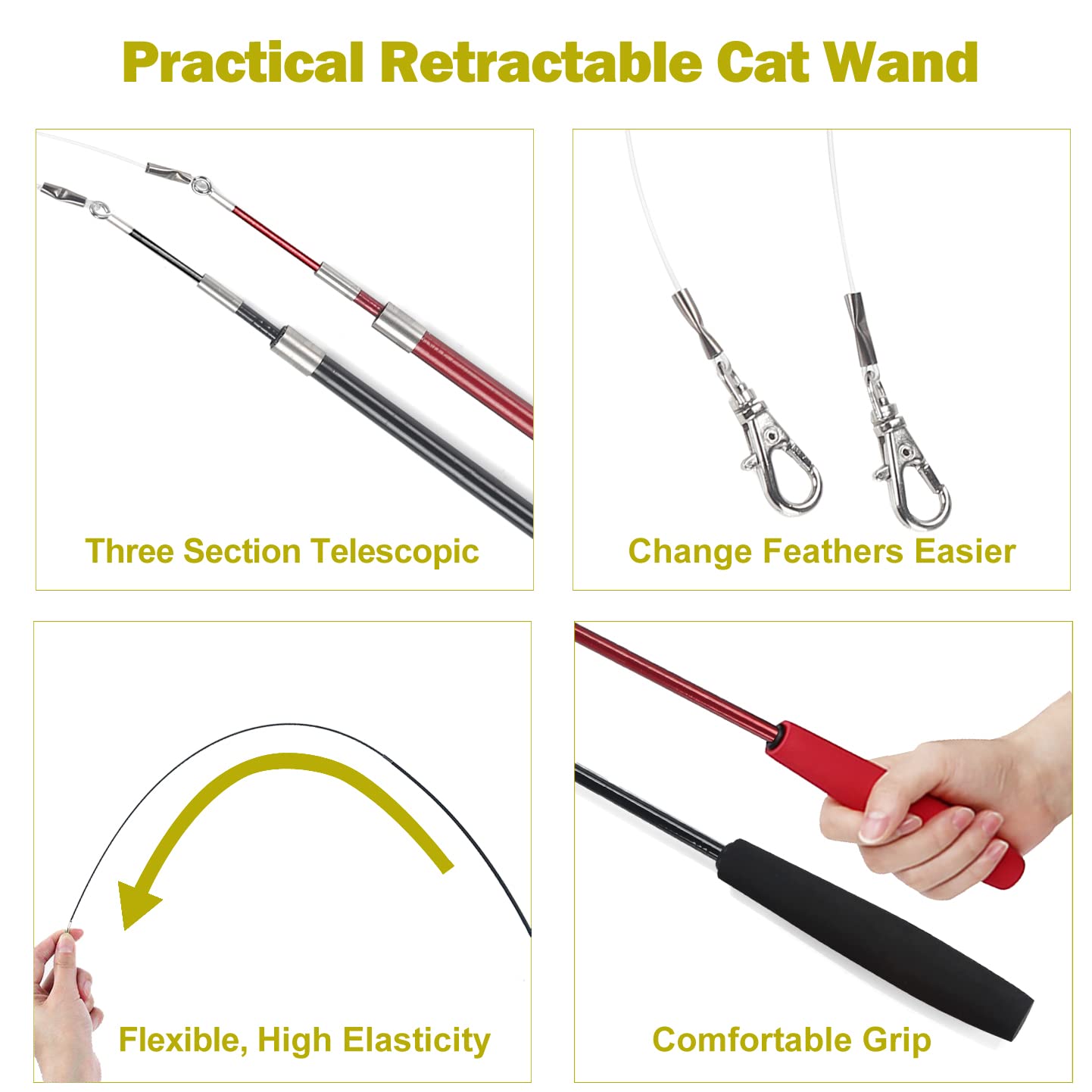 MeoHui Interactive Cat Toys - Retractable Wand Toy and Feather Toys Refills for Indoor Cats to Chase and Exercise-UPStoxs