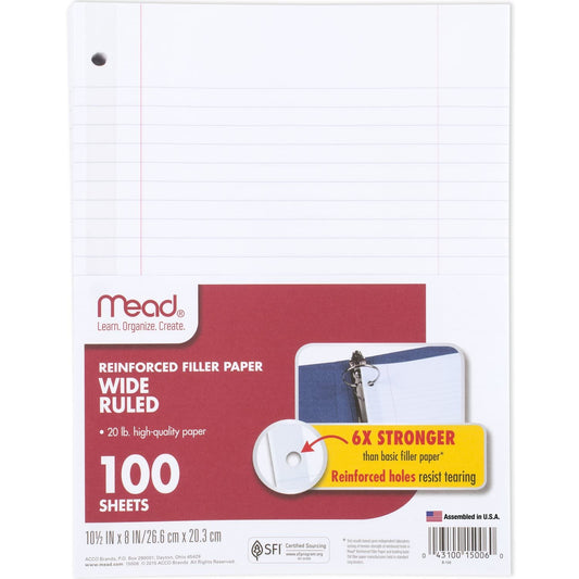 Mead Loose Leaf Paper, Notebook Paper, Wide Ruled Filler Paper, Reinforced, 8 x 10.5, 100 Sheets (15006), White-UPStoxs