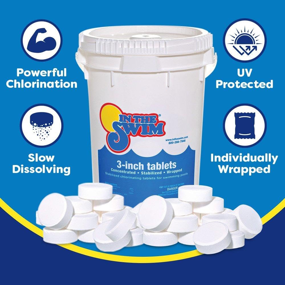 In The Swim 3 Inch Stabilized Chlorine Tablets for Sanitizing Swimming Pools - Individually Wrapped, Slow Dissolving - 90% Available Chlorine - Tri-Chlor - 50 Pounds-UPStoxs