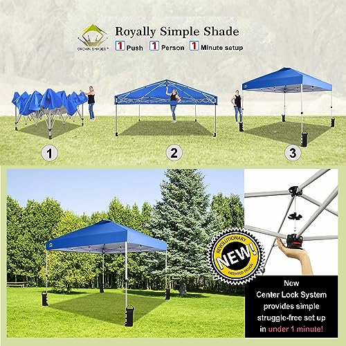 CROWN SHADES 10x10 Pop Up Canopy - Beach Tent with One Push Setup - Easy Outdoor Sun Shade for Events, Parties, Camping - Gazebo with STO-N-Go Cover Bag, Silver Coated Top, Blue-UPStoxs