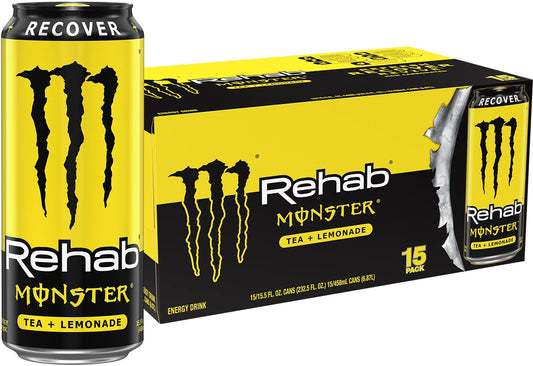 Monster Energy Rehab Tea + Lemonade + Energy, Energy Iced Tea, Energy Drink 15.5 Ounce (Pack of 15)-UPStoxs