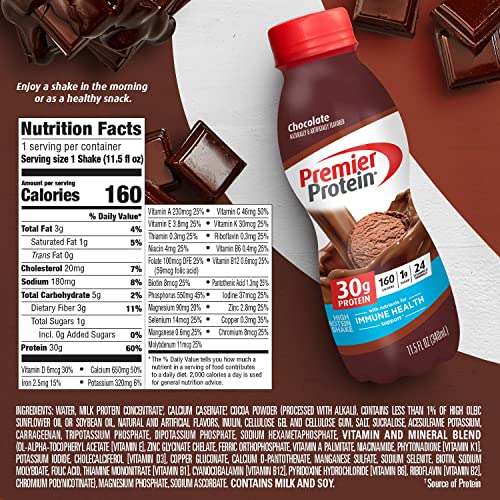 Premier Protein Shake, Chocolate, 30g Protein 1g Sugar 24 Vitamins Minerals Nutrients to Support Immune Health, 11.5 fl oz (Pack of 12)-UPStoxs