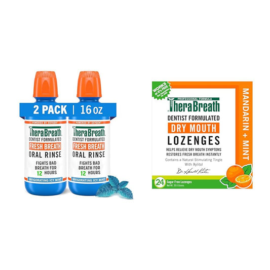 TheraBreath Mouthwash & Lozenges Bundle, Fresh Breath Alcohol-Free Mint Mouthwash 16 Fl Oz (Pack of 2) & Sugar-Free Mandarin Mint Lozenges for Dry Mouth 24 Count-UPStoxs