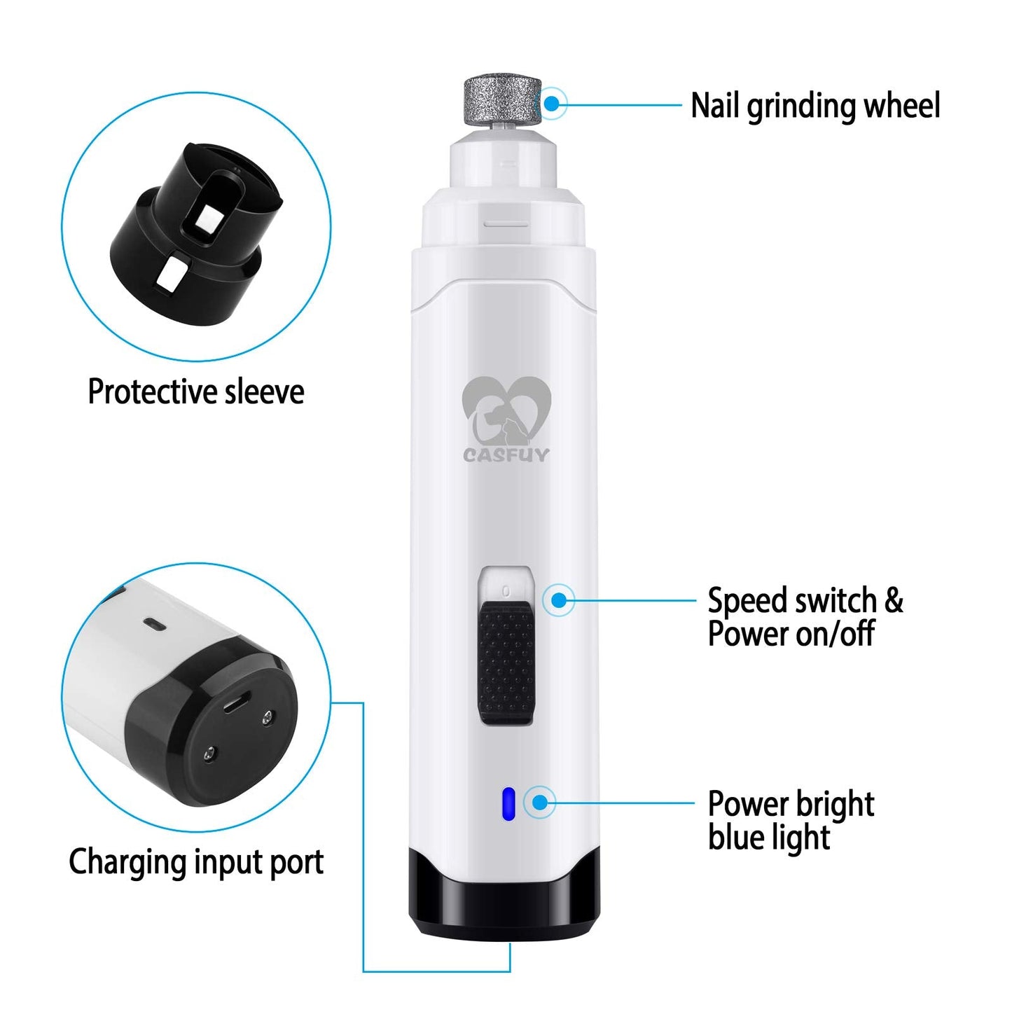 Casfuy Dog Nail Grinder Upgraded - Professional 2-Speed Electric Rechargeable Pet Nail Trimmer Painless Paws Grooming & Smoothing for Small Medium Large Dogs & Cats (White)-UPStoxs