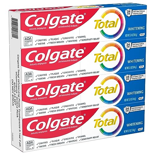 Colgate Total Whitening Toothpaste with Fluoride, 10 Benefits Including Sensitivity Relief and Stain Removal, Mint, 5.1 ounces (4 Pack)-UPStoxs