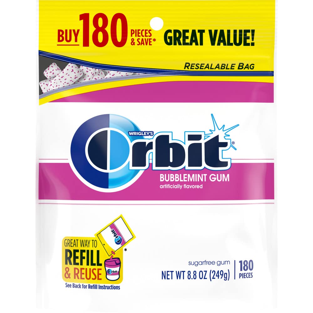 ORBIT Bubblemint Back To School Sugar Free Chewing Gum, 8.8 oz, 180 ct Resealable Bulk Gum Bag-UPStoxs