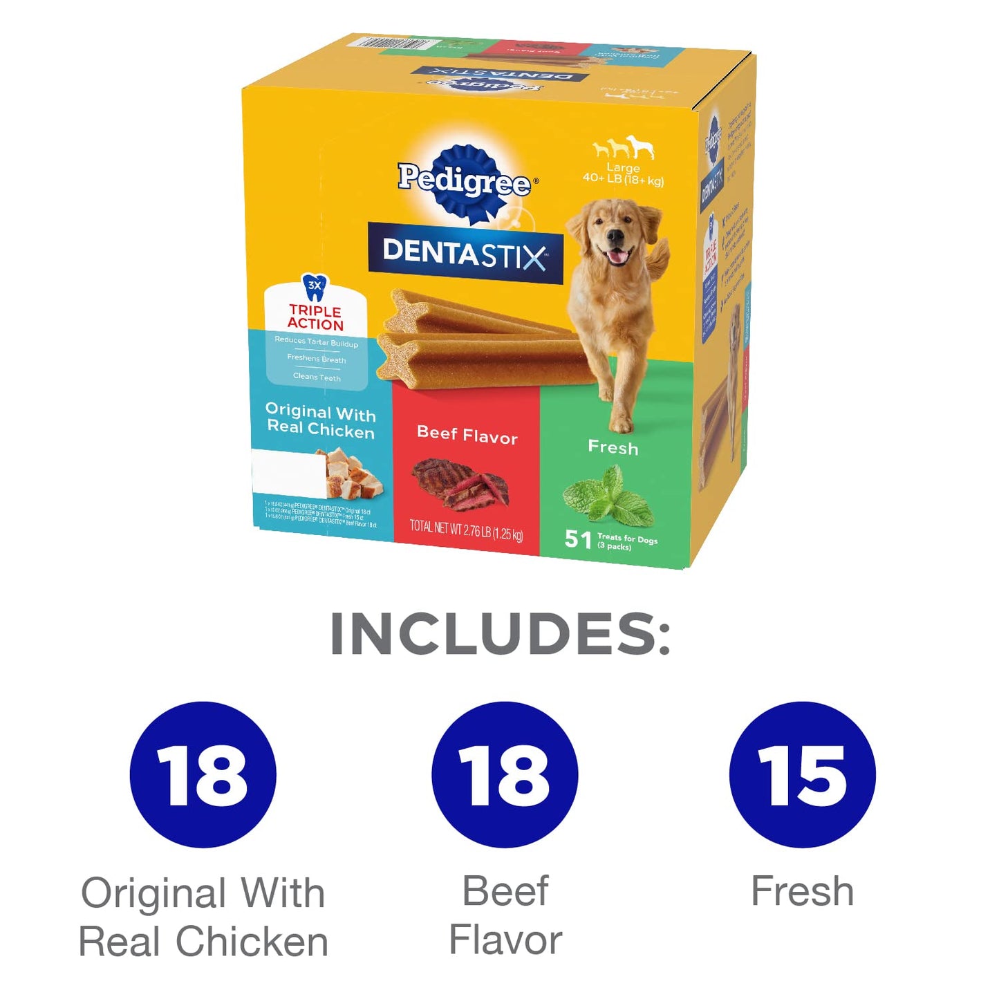 PEDIGREE DENTASTIX Large Dog Dental Care Treats Original, Beef & Fresh Variety Pack, 2.73 lb.Pack (51 Treats)-UPStoxs