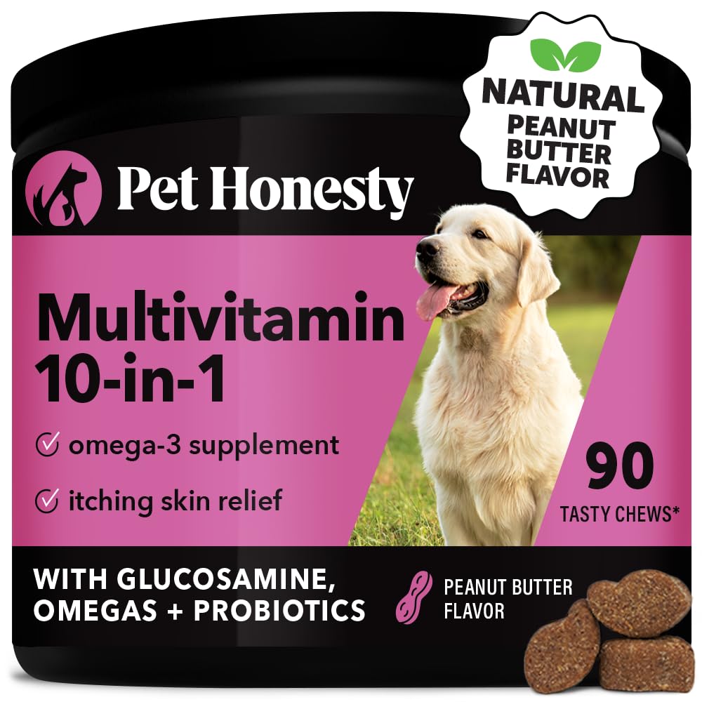 Pet Honesty Multivitamin Dog Supplement, Glucosamine chondroitin for Dogs, Probiotics, Omega Fish Oil, Dog Supplements & Vitamins, Dog Vitamins for Skin and Coat Allergies, (Peanut Butter 90 ct)-UPStoxs