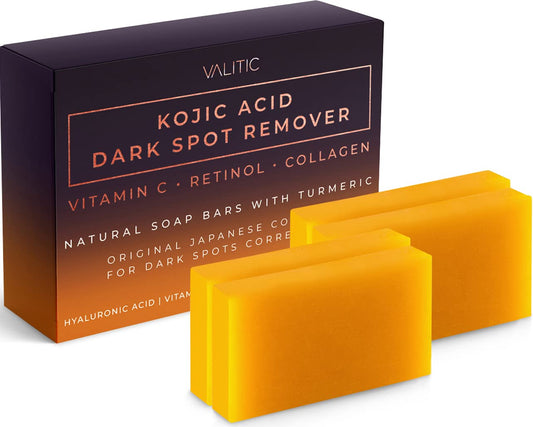 VALITIC Kojic Acid Dark Spot Remover Soap Bars with Vitamin C, Retinol, Collagen, Turmeric - Original Japanese Complex Infused Hyaluronic Acid, E, Shea Butter, Castile Olive Oil (4 Pack)-UPStoxs