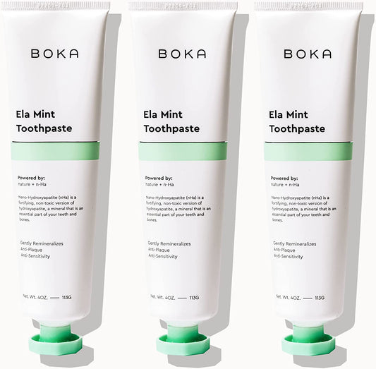 Boka Fluoride Free Toothpaste - Nano Hydroxyapatite, Remineralizing, Sensitive Teeth, Whitening - Dentist Recommended for Adult, Kids Oral Care - Ela Mint Flavor, 4 Fl Oz 3Pk - US Manufactured-UPStoxs