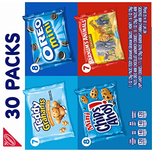 Nabisco Team Favorites Variety Pack, OREO Mini, CHIPS AHOY! Mini, Teddy Grahams Honey & Barnum's Animal Crackers, School Snacks, 30 Snack Packs-UPStoxs