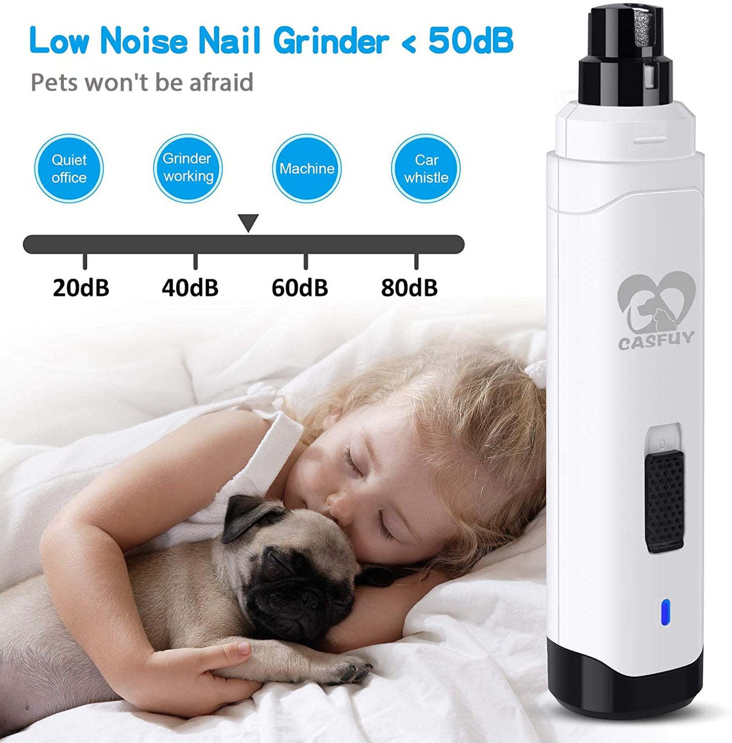 Casfuy Dog Nail Grinder Upgraded - Professional 2-Speed Electric Rechargeable Pet Nail Trimmer Painless Paws Grooming & Smoothing for Small Medium Large Dogs & Cats (White)-UPStoxs