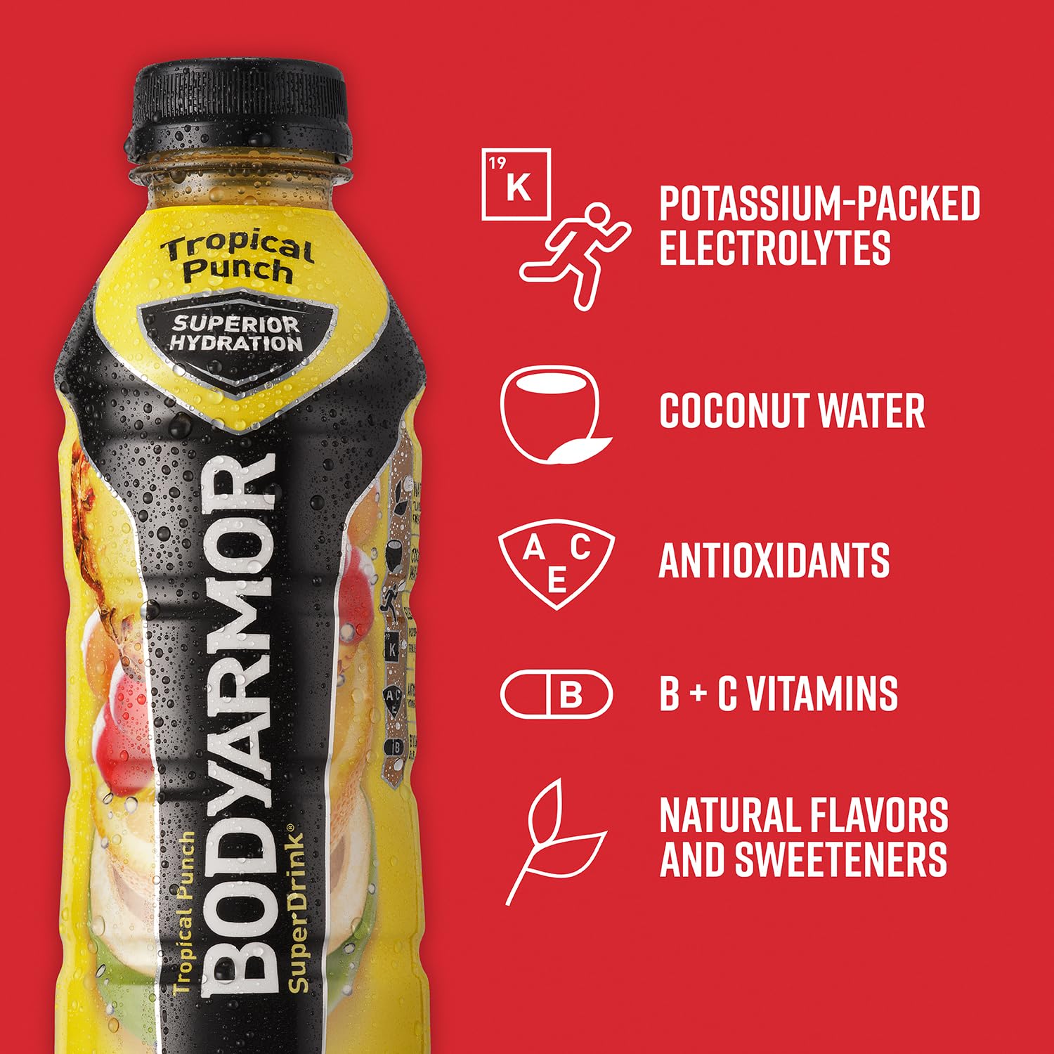 BODYARMOR Sports Drink Sports Beverage, Tropical Punch, Coconut Water Hydration, Natural Flavors With Vitamins, Potassium-Packed Electrolytes, Perfect For Athletes, 16 Fl Oz (Pack of 12)-UPStoxs