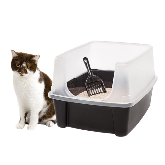 IRIS USA Large Cat Litter Box with Scatter Shield and Scoop, Open Top High Sided Cat Litter Pan, Black-UPStoxs