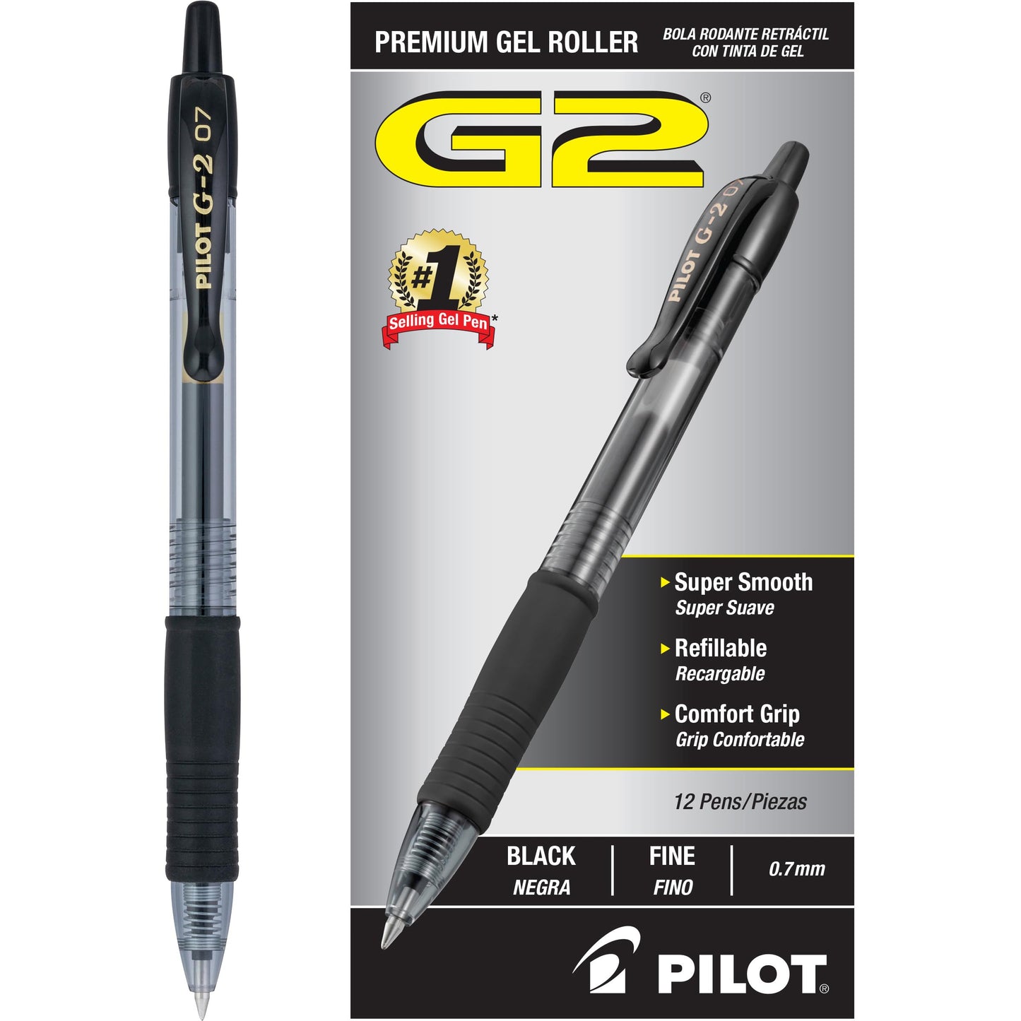 Pilot, G2 Premium Gel Roller Pens, Fine Point 0.7 mm, Black, Pack of 12 (Dozen Box)-UPStoxs