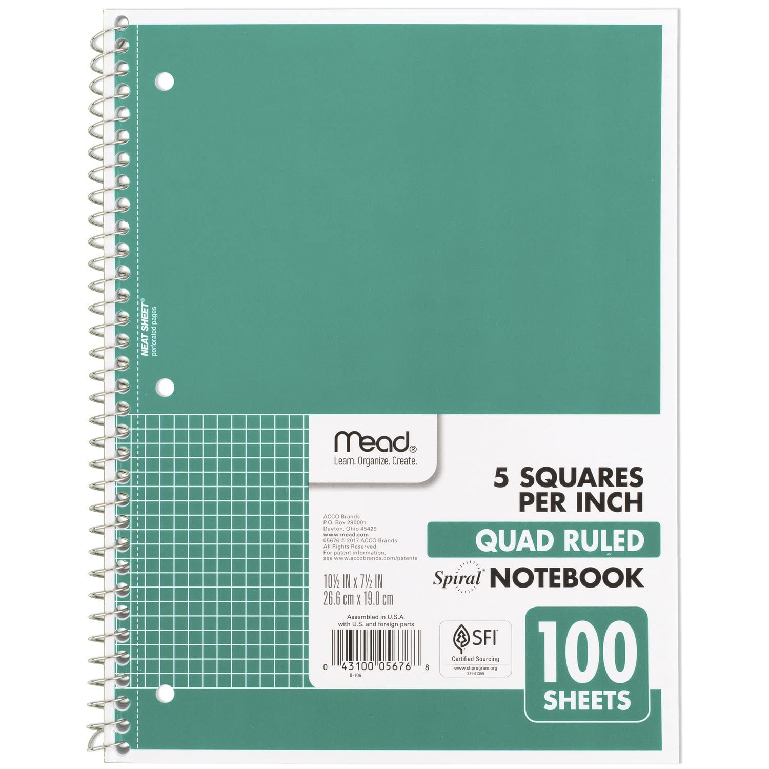 Mead Spiral Notebook, 1-Subject, Graph Ruled Paper, 7-1/2" x 10-1/2", 100 Sheets, Green (05676AC5)-UPStoxs