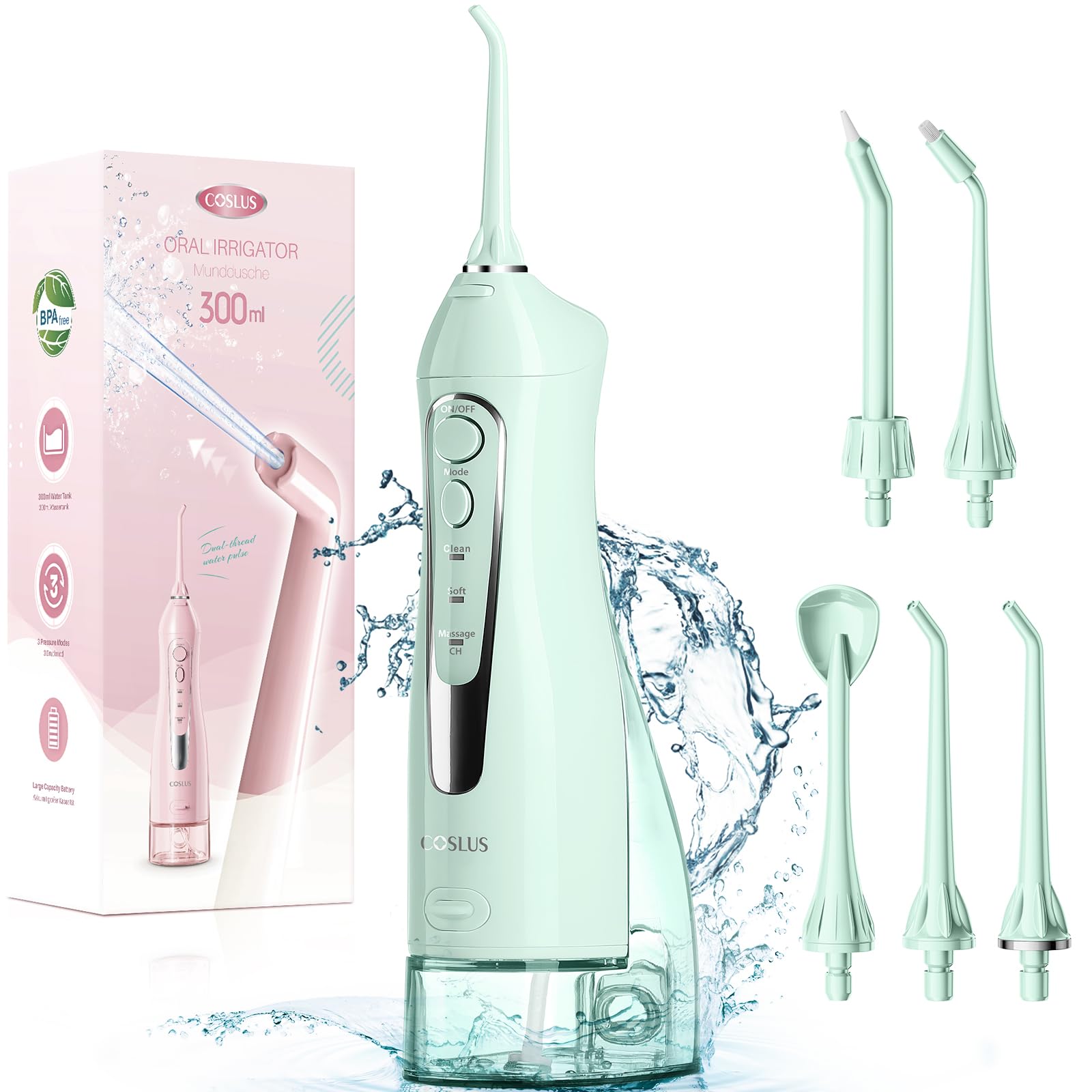 COSLUS Water Dental Flosser Teeth Pick: Portable Cordless Oral Irrigator 300ML Rechargeable Travel Irrigation Cleaner IPX7 Waterproof Electric Waterflosser for Teeth Cleaning F5020E Green-UPStoxs