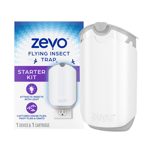 Zevo Flying Insect Trap for Indoors: Light Trap Captures Fruit Flies, Gnats and Houseflies, Starter Kit (1 Plug-in Base + 1 Cartridge)-UPStoxs