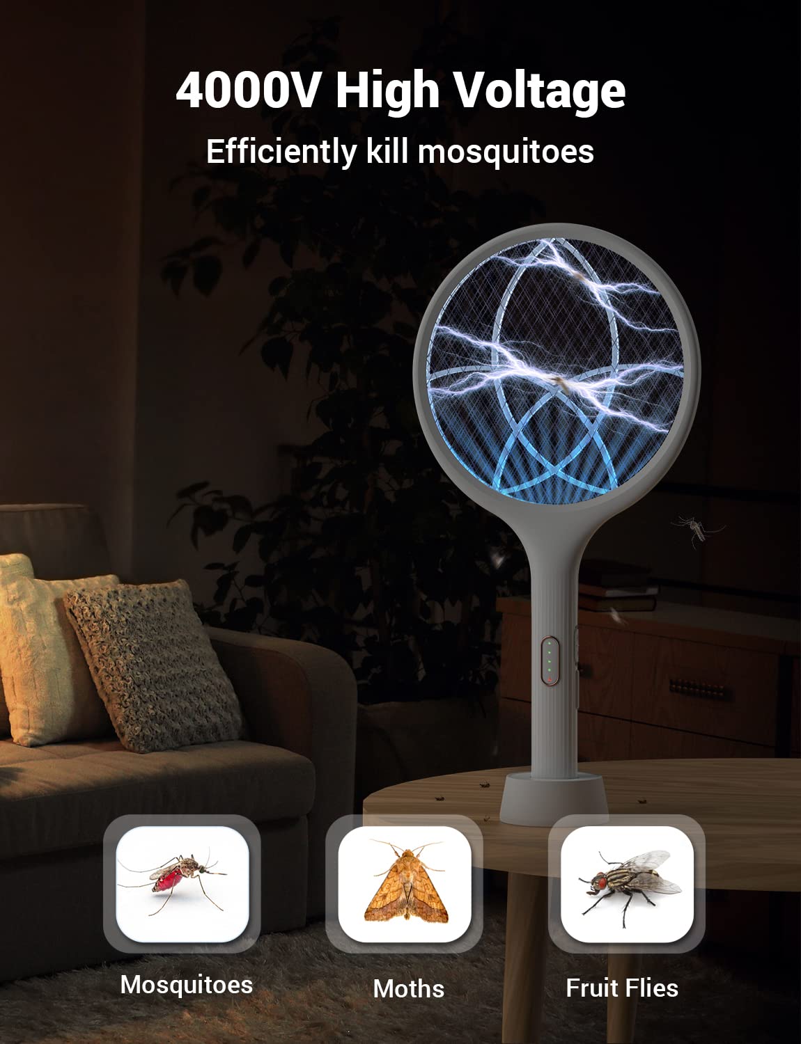 YISSVIC Electric Fly Swatter 4000V Bug Zapper Racket Dual Modes Mosquito Killer with Purple Mosquito Light Rechargeable for Indoor Home Office Backyard Patio Camping-UPStoxs