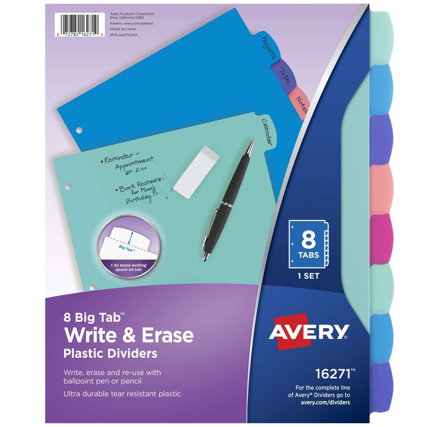 Avery Durable Plastic 8-Tab Write & Erase Big Tab Dividers for 3 Ring Binders, Pastel Brights (16271)-UPStoxs